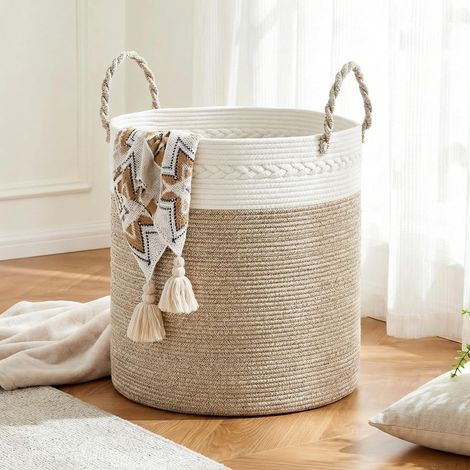 Panier à Linge Rond 64L - 1 Unité - Coton Tressé - Rangement Polyvalent avec Poignées - Salon Chambre Buanderie - 40 x 25,5 cm Blanc et Khaki (1/5)