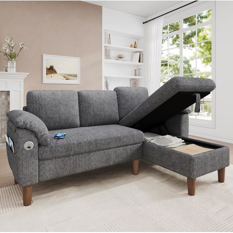 3-Sitzer-Ecksofa mit reversibler Chaiselongue, Stauraum und USB, Hellgrau OKMYHOME (1/5)