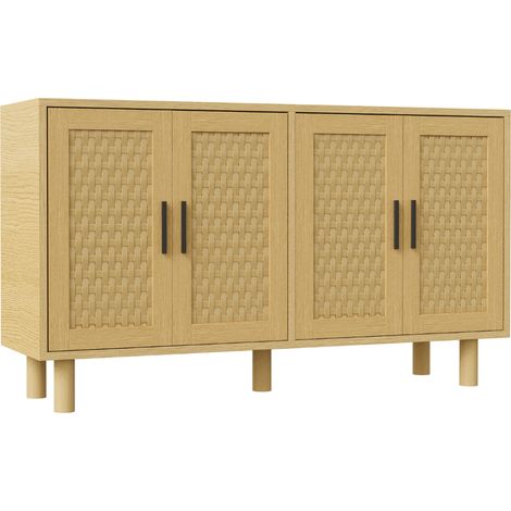 Buffet de rangement en rotin 140x40x80cm - style moderne - 4 portes, 2 étagères - pieds en bois massif (1/5)