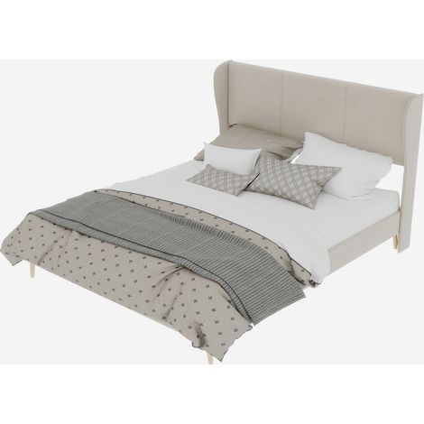Lit Double 160 x 200 cm en Tissu, Tête de Lit Rembourrée, Cadre Bas en Métal, sans Matelas, Beige (1/5)