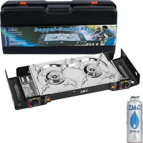 Cocina de gas, acero inoxidable, 2 quemadores, potencia total de 5 kW, encendido piezoeléctrico, compatible con cartuchos de 227 g o bombonas de GLP. (1/5)