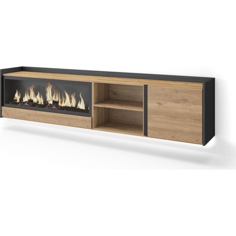 Skraut Home - Meuble TV, Banc Télé, Grand espace de Rangement, 212x35x50cm, Pour les TV jusqu'à 80", Cheminée électrique XXL, Suspendu, Mural, LED, Style moderne, Chêne et noir (1/5)