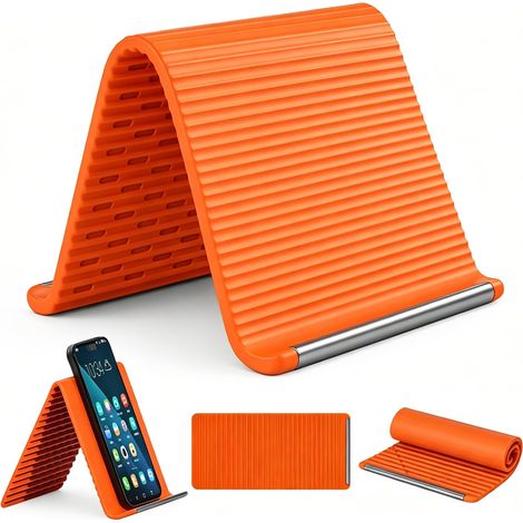 Support de téléphone portable pliable en silicone flexible avec noyau en aluminium, protection antidérapante réglable pour table, lit, avion, voyage et bureau (orange) (1/5)