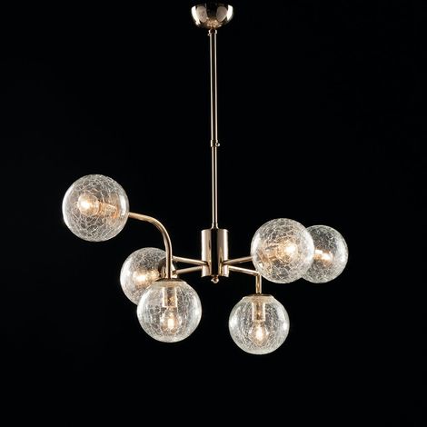 Lampadario in ferro Oro Lucido sei luci sfere in vetro trasparente 86x h64 cm