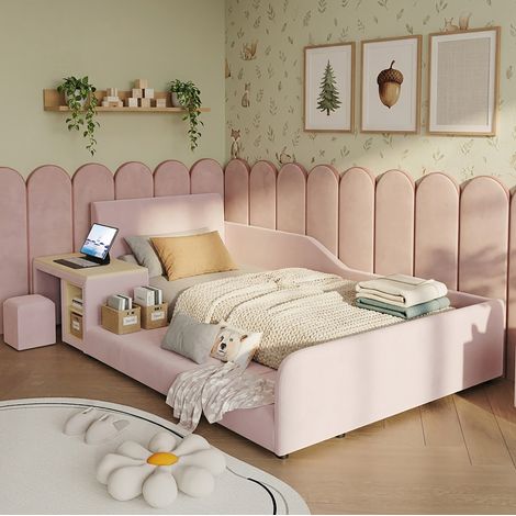 Cama infantil 90 x 200 cm con escritorio, taburete y estantería, en terciopelo rosa OKMYHOME (1/5)