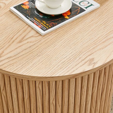 Table basse ovale en chêne avec tiroir, table de café cannelée en bois, meuble de salon moderne avec rangement pour canapé (1/5)