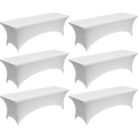 Mophorn Nappe extensible rectangulaire 244 x 76 x 76 cm, housse de table en polyester et élasthanne, lot de 6, lavable en machine, idéale pour événements, mariages, cocktails, banquets, fêtes, blanc (1/5)