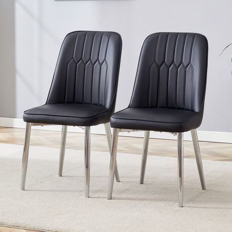 Chaises similicuir noir – Lot 2 – Design minimaliste – Assise/dossier élargis – Pieds argenté – Salle à manger/Cuisine (1/5)