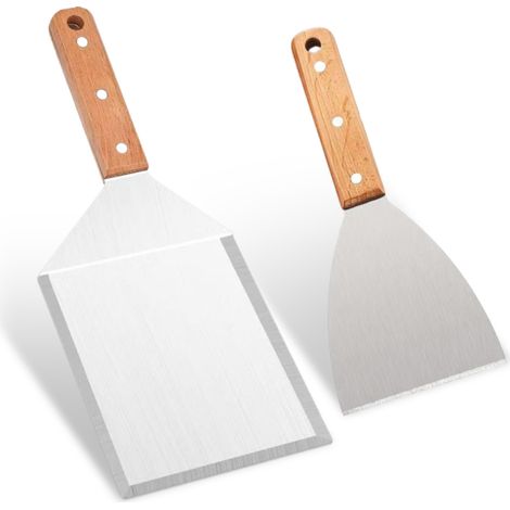 Ensemble de 2 pièces pour hamburgers : spatule de grillade en acier inoxydable, retourneur de grillade, spatule presse-hamburger avec manche en bois, pour griller, cuire des steaks et des pizzas. (1/5)