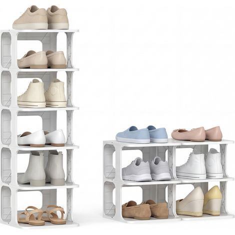 Étagère à Chaussures Empilable à 6 Niveaux , Organiseur de Chaussures Vertical Compact en Plastique, pour Entrée , Montage sans Outil, Blanc (1/5)