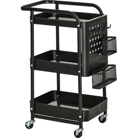 Metallener Bürowagen/Aufbewahrungswagen mit 3 Ablagen, 2 Besteckkästen und 4 Haken. Maße: 51,5 cm (L) x 32 cm (B) x 75,6 cm (H) – Schwarz