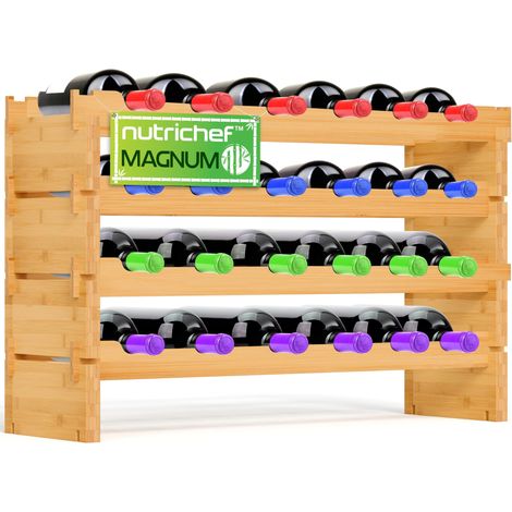 NutriChef Portabottiglie Vino Modulare in Bambù, Cantinetta Vino Legno Impilabile a 4 Ripiani per 24 Bottiglie Formato Magnum (Diametro 10 cm), Design a Croce 2x (1/5)