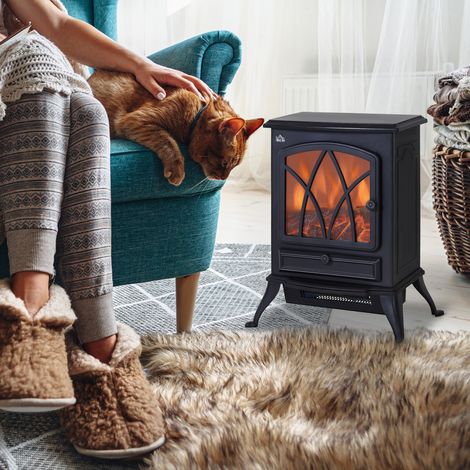 Chimenea eléctrica con efecto de llama retro, 1000-2000W, con termostato, protección contra sobrecalentamiento y luz regulable, color negro. (1/5)