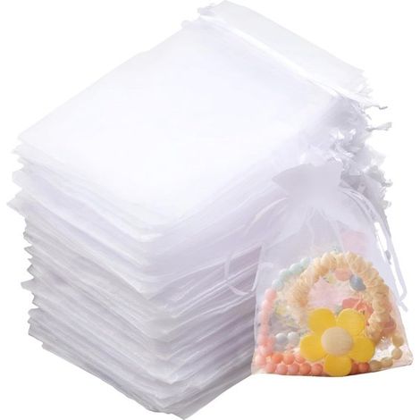 100 bolsitas de organza de 10x15 cm, bolsitas pequeñas para rellenar, con cordón, blancas, para joyas, dulces, cumpleaños y ocasiones festivas (1/4)