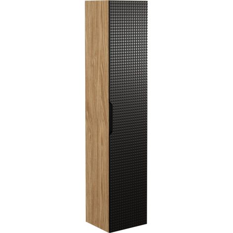 Badezimmersäule VELNIA - 1 Tür - H170 cm - Farbe helles Eichenholz und Schwarz - Zum Aufhängen