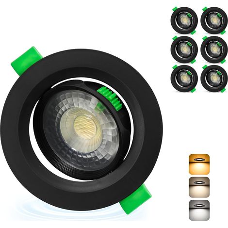 Spot LED Encastrable Orientable 230V, 5W 500LM Spots de Plafond Extra Plat Blanc Chaud Blanc Neutre Blanc Froid Réglable, IP44 Spot Salle de Bain, Trou Ø68-80mm, Noir Lot de 6 (1/5)