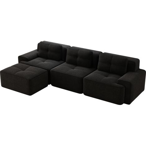 Modulares L-Sofa aus Samtoptik, 3-Sitzer, Schwarz, mit Ottoman, ohne Montage (1/5)