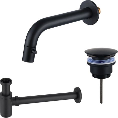 FugaFlow Eccelente Ensemble robinetterie pour fontaine - encastré - bec 18cm - raccourcissable - siphon - bouchon toujours ouvert - noir mat (1/5)