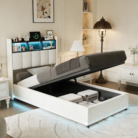 Cama para adultos de 90x200 cm – Cama doble – Compartimentos laterales – Almacenamiento de aire – Tira de luces – Iluminación LED – USB/Tipo C – Base de láminas (1/5)