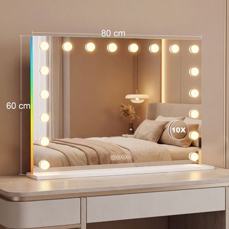 Miroir de maquillage Hollywood avec 18 lampes LED dimmables,3 couleurs,lumière RGB,enceinte Bluetooth,blanc à 10x grossissement