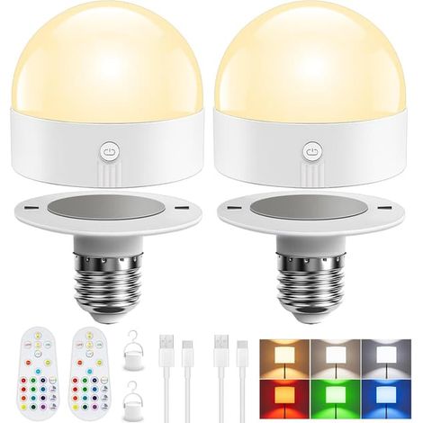 Ampoule LED rechargeable E26 avec télécommande et minuterie, alimentée par piles, 3 températures de couleur et 15 couleurs RVB, ampoule LED sans fil à intensité variable, applique murale détachable. (1/5)
