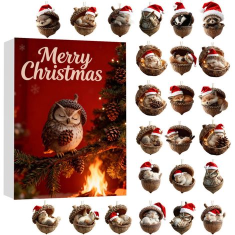 Calendrier de l'Avent Animaux de la Forêt 2026, 24 décorations suspendues en acrylique 2D représentant des animaux dans des glands, adorables ornements pour le sapin de Noël. (1/5)