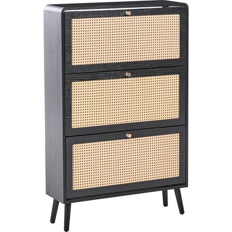 Zapatero de 3 compartimentos MDF madera contrachapada melamina ratán sintético estilo boho negro Moura