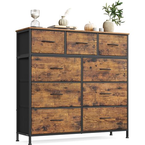 Commode, Meuble de Rangement pour Chambre, Couloir, Entrée, Salon, Cadre en Acier, 9 Tiroirs, Style Industriel, Marron Rustique et Noir d'encre LGS324BH04 (1/5)