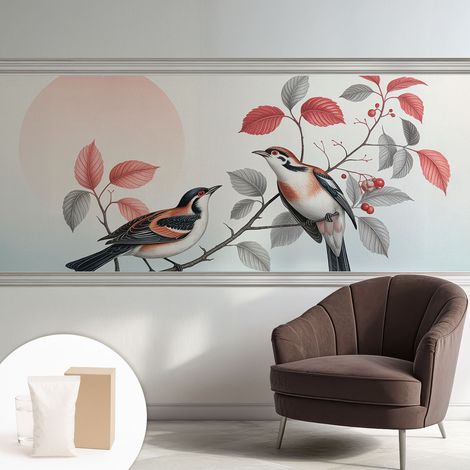 Papier peint intissé mural avec colle pour salon et chambre Décoration murale rapide - Colle incluse gratuite Oiseaux perchés 250x104 cm (1/5)