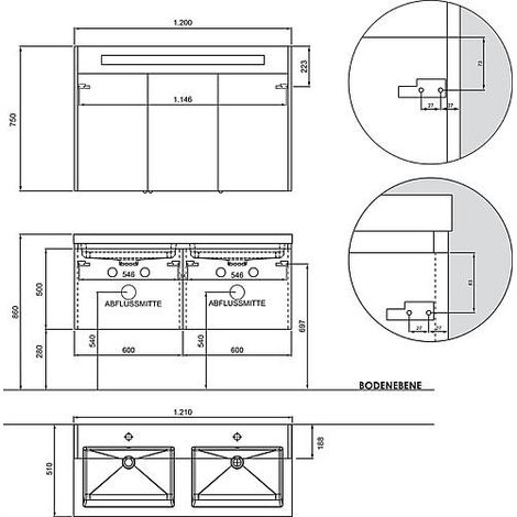 Banyo – Meuble double vasque suspendu 1210 x 580 x 510 mm – Double vasque en fonte minérale – 2 tiroirs Softclose – Armoire à glace avec éclairage