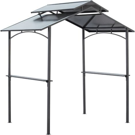 Pavillon grill noir et marron 2,5 x 1,5 m avec toit ignifugé, abri barbecue avec 2 étagères, en acier précontraint – 1 pièce, installation sur site (1/5)