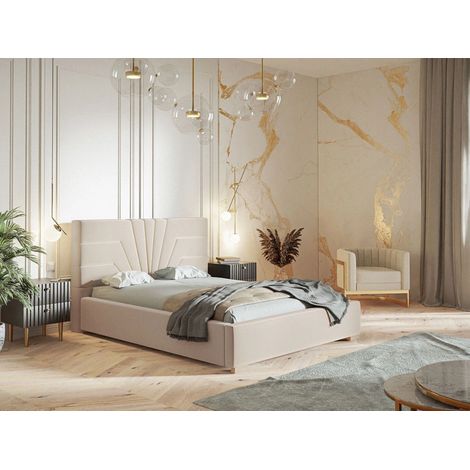 Lit rembourré avec rangement 160x200 velours beige Tesis (1/5)