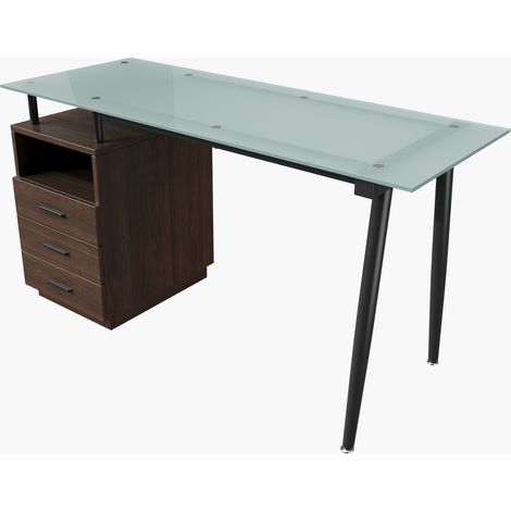 Moderner Schreibtisch 130 x 50 x 75 cm mit satiniertem Glas, 3 Schubladen und offenem Fach, braun (1/5)