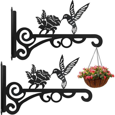 Supporto da parete per vasi sospesi, 2 ganci per piante, ganci in ferro per piante, vasi da fiori, decorazione per giardino e balcone (nero) (1/4)