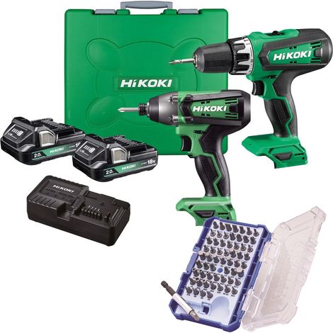 HiKOKI Combi Drill Impact Driver 18v 2AH Twin Pack + 61 Piece Bit Set KC18DFXJAZ