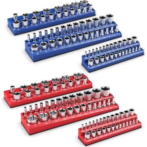 COSTWAY 6 Stk. Steckschlüssel Halter magnetisch, 1/2-Zoll-, 3/8-Zoll- und 1/4-Zoll, Aufsteckschiene für Stecknüsse, Steckschlüsselsatz Schiene Halterung, Rot in Zoll (SAE), Blau in mm Metrisch (1/5)