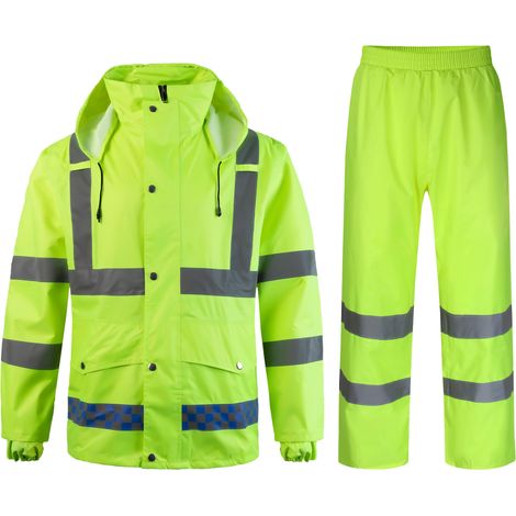 Homme 2 Pièces Combinaison de Pluie Imperméable à Capuche Haute Visibilité Vetement de Travail Homme Ensemble Pantalon de Pluie et Veste Coupe-Vent (1/5)
