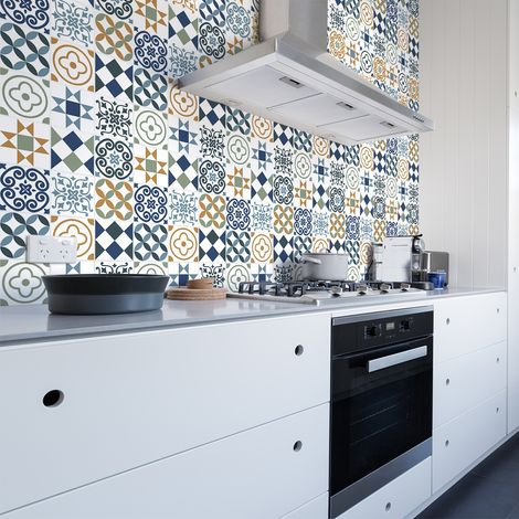 Sticker Mural Carrelage adhésif Cuisine Salle de Bain - 60 STICKERS CARREAUX DE CIMENT AZULEJOS HANA - 60stickers20x20cm (1/5)