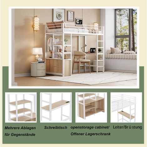 Lit minuit 90×200cm sans matelas,bureau,prise+USB,étagères,placard ouvert,rampe,échelle,cadre fer blanc