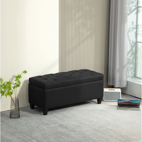 Banco tapizado con almacenaje (100x40x44 cm), asiento acolchado, patas de madera de caucho, poliéster negro (1/5)