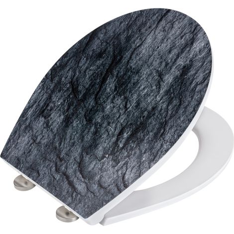 WENKO Premium WC-Sitz Slate Rock mit Relief, aus antibakteriellem Duroplast, mit Absenkautomatik, Schwarz, Duroplast mehrfarbig, Edelstahl rostfrei silber matt (1/5)