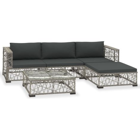Salon de jardin 5 pcs avec coussins Résine tressée Gris 17 (1/5)