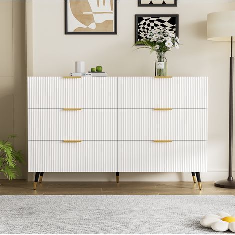 Aparador de aglomerado blanco y dorado 120x40x77 cm con 6 cajones y diseño ondulado (1/5)