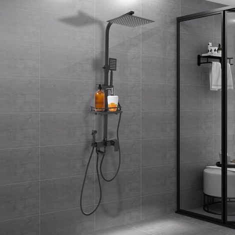 Schwarzes Duschsystem mit Thermostat, Duschpaneel 4-Funktionen-Regenbrause Edelstahl Brausegarnitur mit Handbrause Komplettset Duscharmaturen höhenverstellbar Regenbrause mit Armaturen