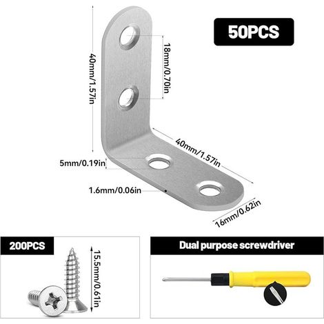 50 Pièces Equerre Metal 40 × 40 mm Equerre Fixation pour Meubles, Tables, Chaises, étagères, Placards (1/5)