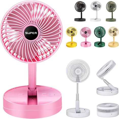 Ventilateur télescopique pliable – Ventilateur de bureau portable rechargeable par USB pour voyage, ventilateur sur pied silencieux, oscillant,(rose)
