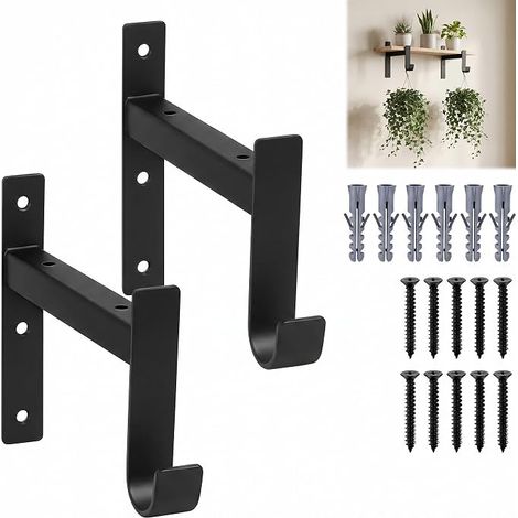 Shelf Brackets, Shelf Brackets, Shelf Brackets, Black Shelf Brackets with Hooks for Living Room Bedroom Shelves (155 mm) (1/5)