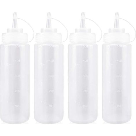 Flaconi bianchi comprimibili, 4 pezzi, 500 ml, con scala graduata e tappo a vite, in plastica per alimenti, ideali per salse, olio e maionese. (1/5)