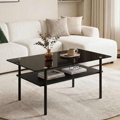 Tavolino da caffè 98x58x45 cm, piano in vetro nero, doppio ripiano, struttura in metallo, MDF nero (1/5)