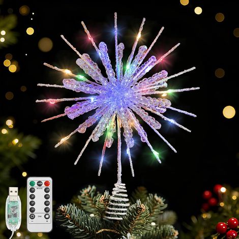 Étoile Sapin de Noël, Pointe Sapin Noël Étoile avec Époxy Pailletée et 30 Ampoules LED, Flocon Neige de contrôlé par USB, Décoration pour la Maison, Lumière Colorée, Argent Blanc (1/5)